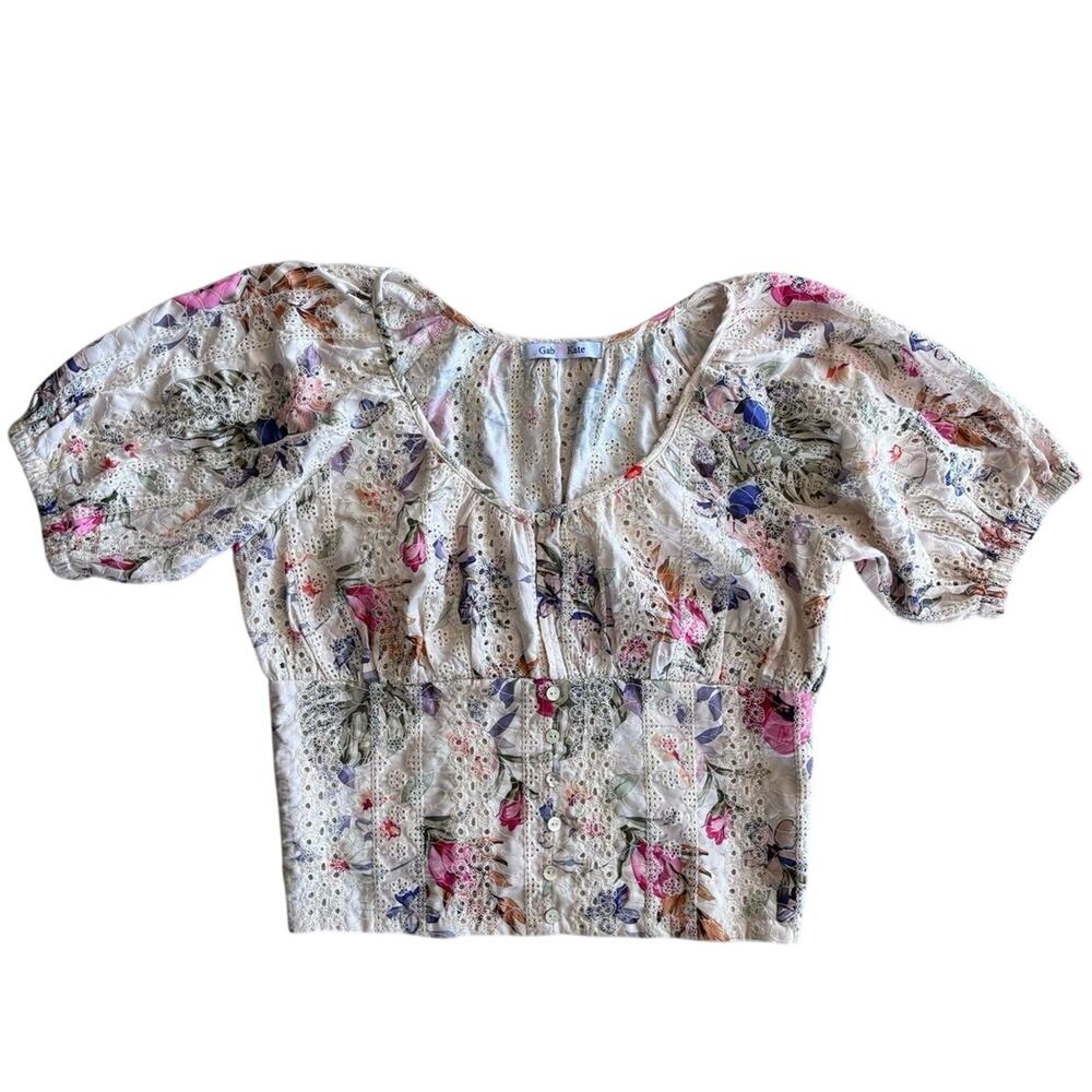 Gab & Kate Floral and Smocked Bodice Cropped Blouse Puff Sleeves Garden Boho | M